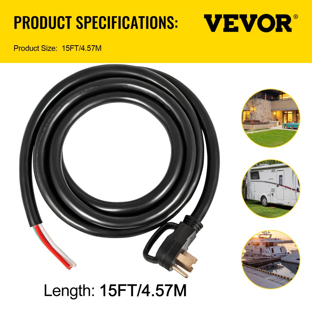 VEVOR 15 ft 50A RV Camp Power Cord Generator Cord 6/3+8/1 AWG NEMA 14-50P to Bare Wire