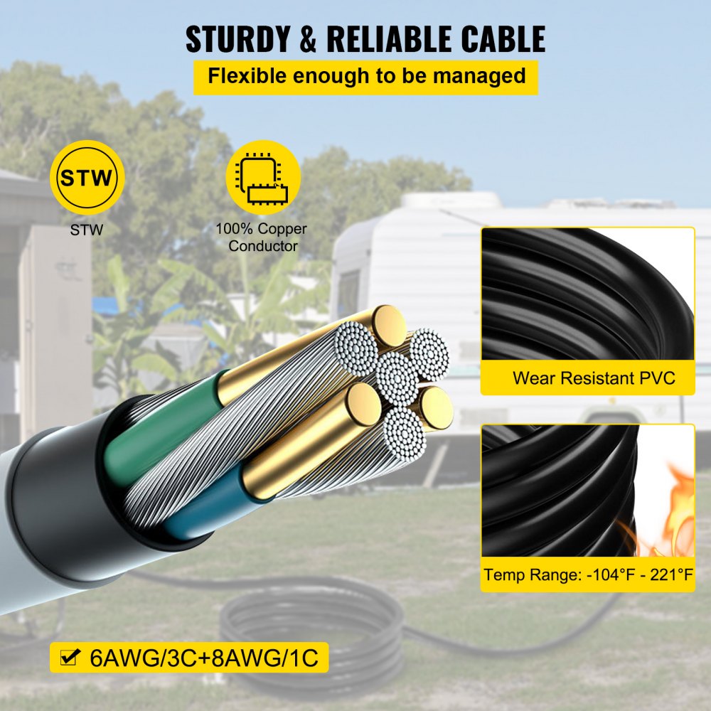 VEVOR 20 FT 50 Amp Generator Cord, STW 6/3 + 8/1 AWG Heavy Duty Extension Cord NEMA 14-50P & SS2-50R & CS6364 Twist Lock, for RV Camper and Generator to House