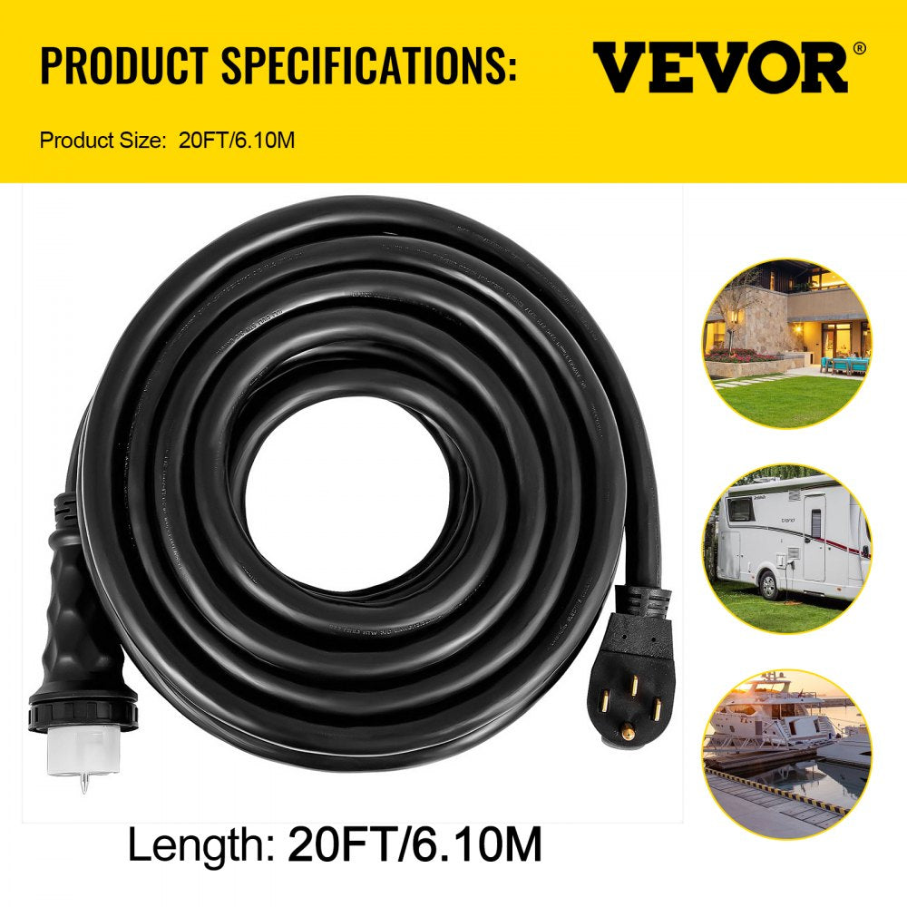 VEVOR 20 FT 50 Amp Generator Cord, STW 6/3 + 8/1 AWG Heavy Duty Extension Cord NEMA 14-50P & SS2-50R & CS6364 Twist Lock, for RV Camper and Generator to House