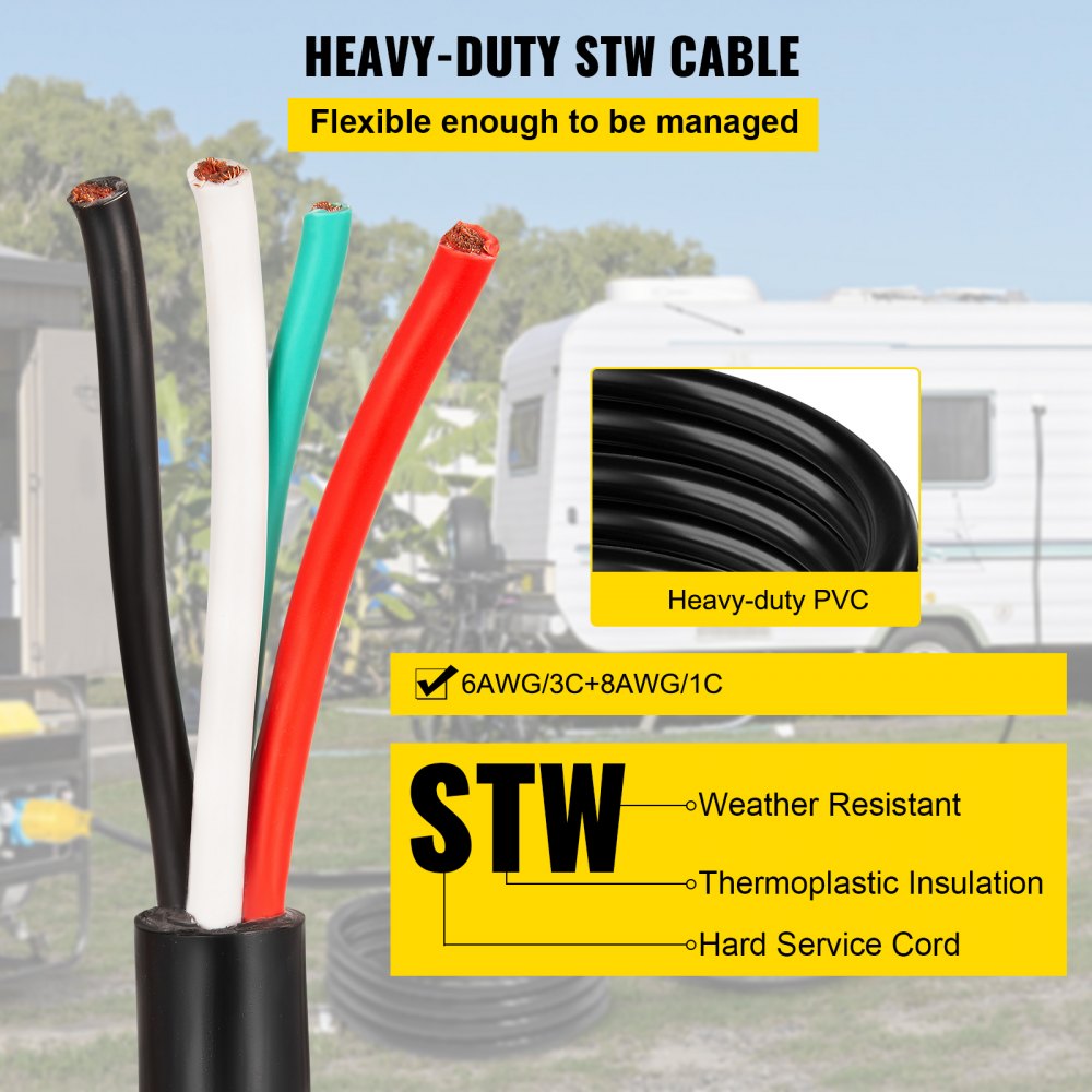 VEVOR 30' 50A RV Camp Power Cord Generator Cord 6/3 + 8/1 AWG NEMA 14-50P to Bare Wire