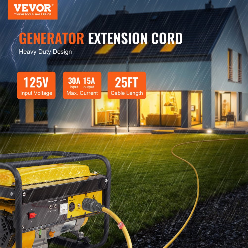 VEVOR 30-Amp Generator Extension Cord, 25 Feet, 125V 375W Heavy Duty Generator Outdoor Power Cord, NEMA L5-30P / Three NEMA 5-15R STJW Flexible Power Cable with Twist Lock Connectors, for Generators