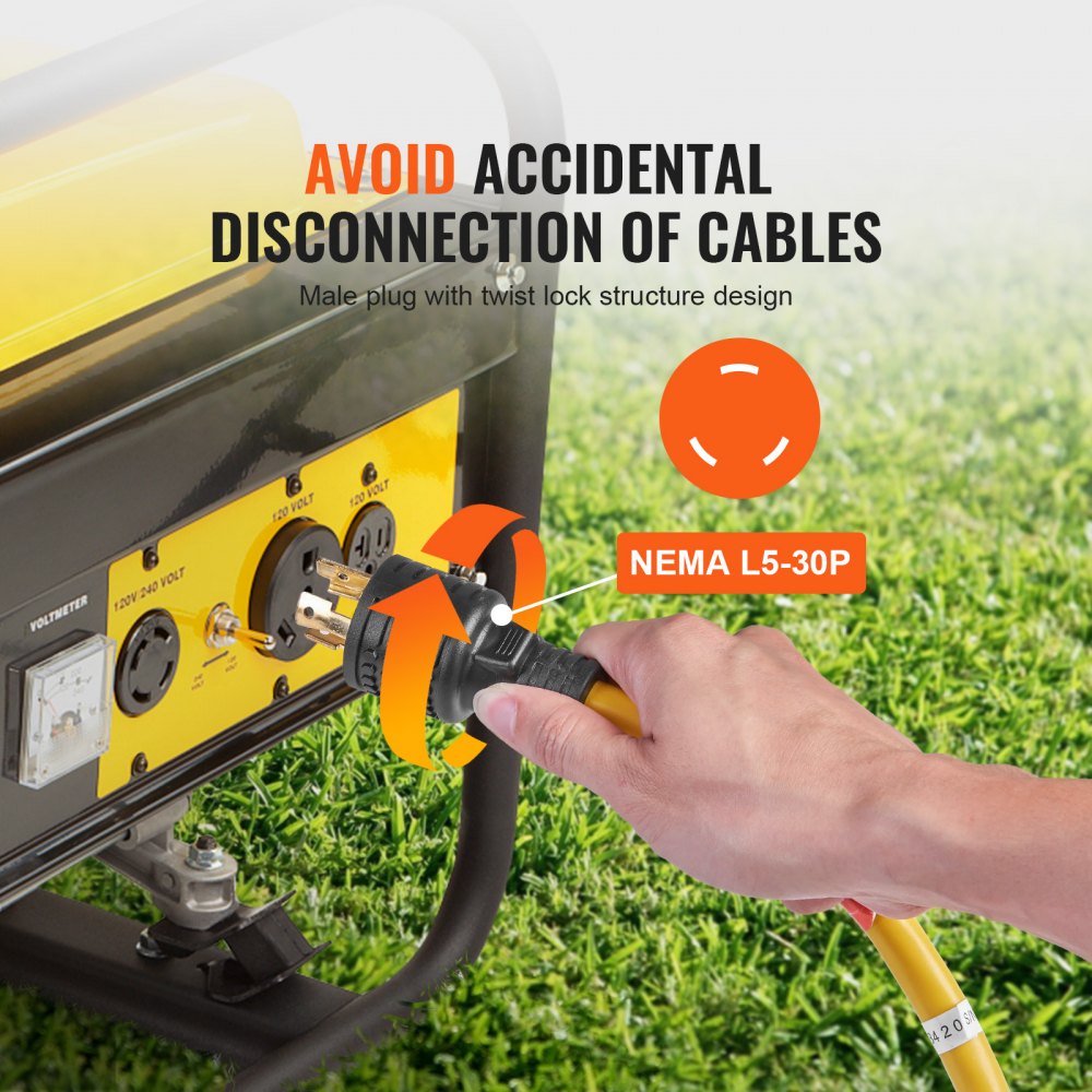 VEVOR 30-Amp Generator Extension Cord, 25 Feet, 125V 375W Heavy Duty Generator Outdoor Power Cord, NEMA L5-30P / Three NEMA 5-15R STJW Flexible Power Cable with Twist Lock Connectors, for Generators