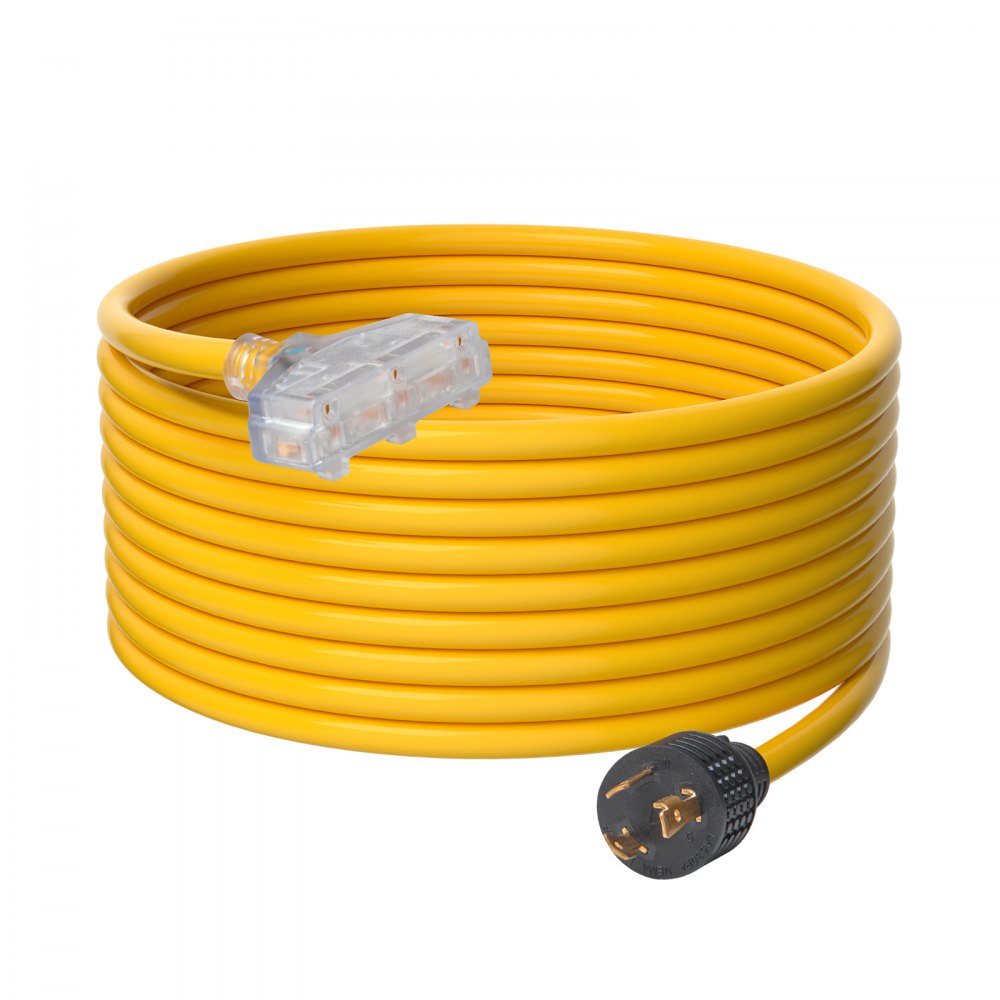 VEVOR 30-Amp Generator Extension Cord, 25 Feet, 125V 375W Heavy Duty Generator Outdoor Power Cord, NEMA L5-30P / Three NEMA 5-15R STJW Flexible Power Cable with Twist Lock Connectors, for Generators