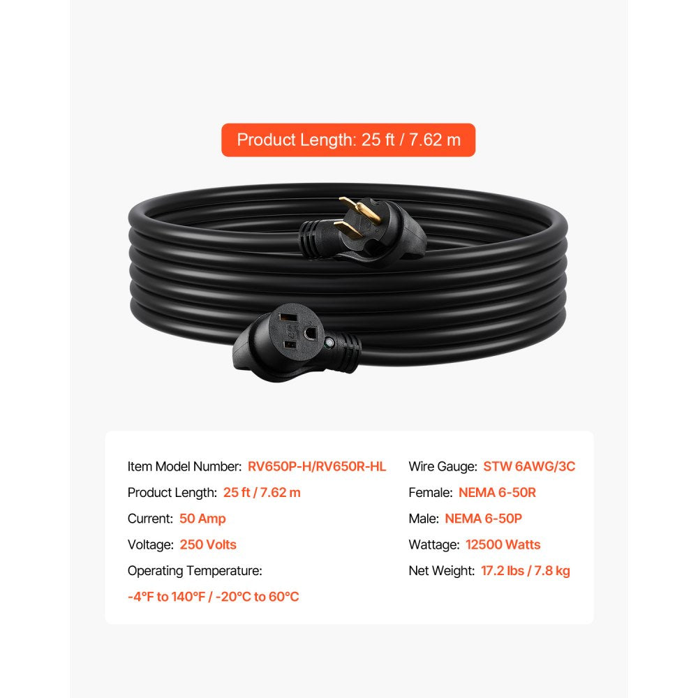 VEVOR 50-Amp Generator Extension Cord, 25 Foot, 250 Volts 12500 Watts Heavy Duty Power Cable, NEMA 6-50R NEMA 6-50P SWT 6AWG Flexible Welder Extension Cord, with Storage Bag, for Generators, ETL Listed