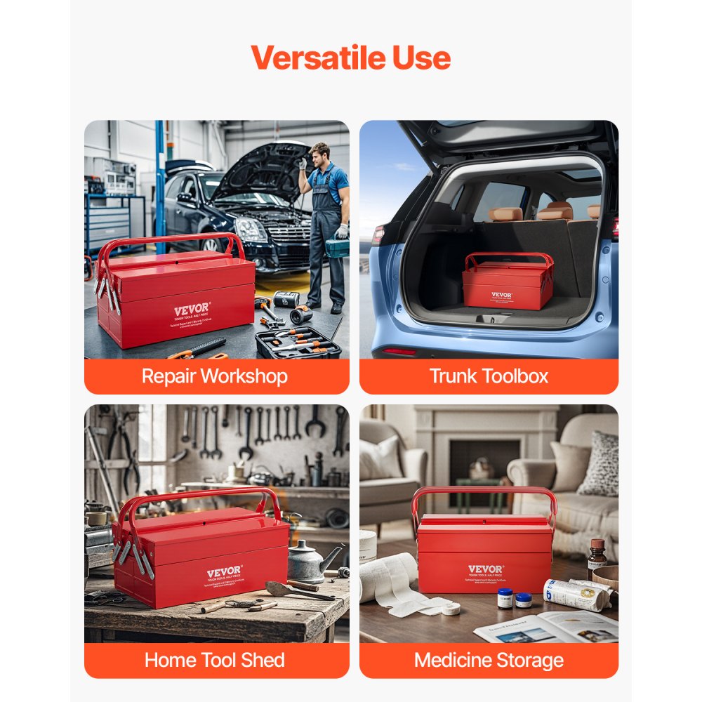VEVOR Metal Tool Box, 14-inch, 2-Tier 3-Tray Portable Folding Tool Chest Organizer with Handle & Lock Hole, Powder Coated Steel, Cantilever Toolbox for Household Factory Warehouse Repair Shop, Red