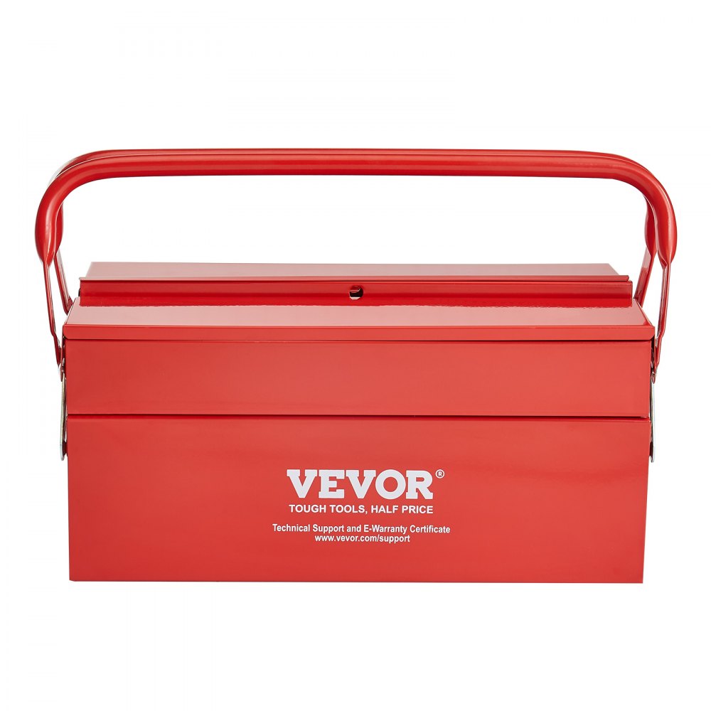 VEVOR Metal Tool Box, 14-inch, 2-Tier 3-Tray Portable Folding Tool Chest Organizer with Handle & Lock Hole, Powder Coated Steel, Cantilever Toolbox for Household Factory Warehouse Repair Shop, Red