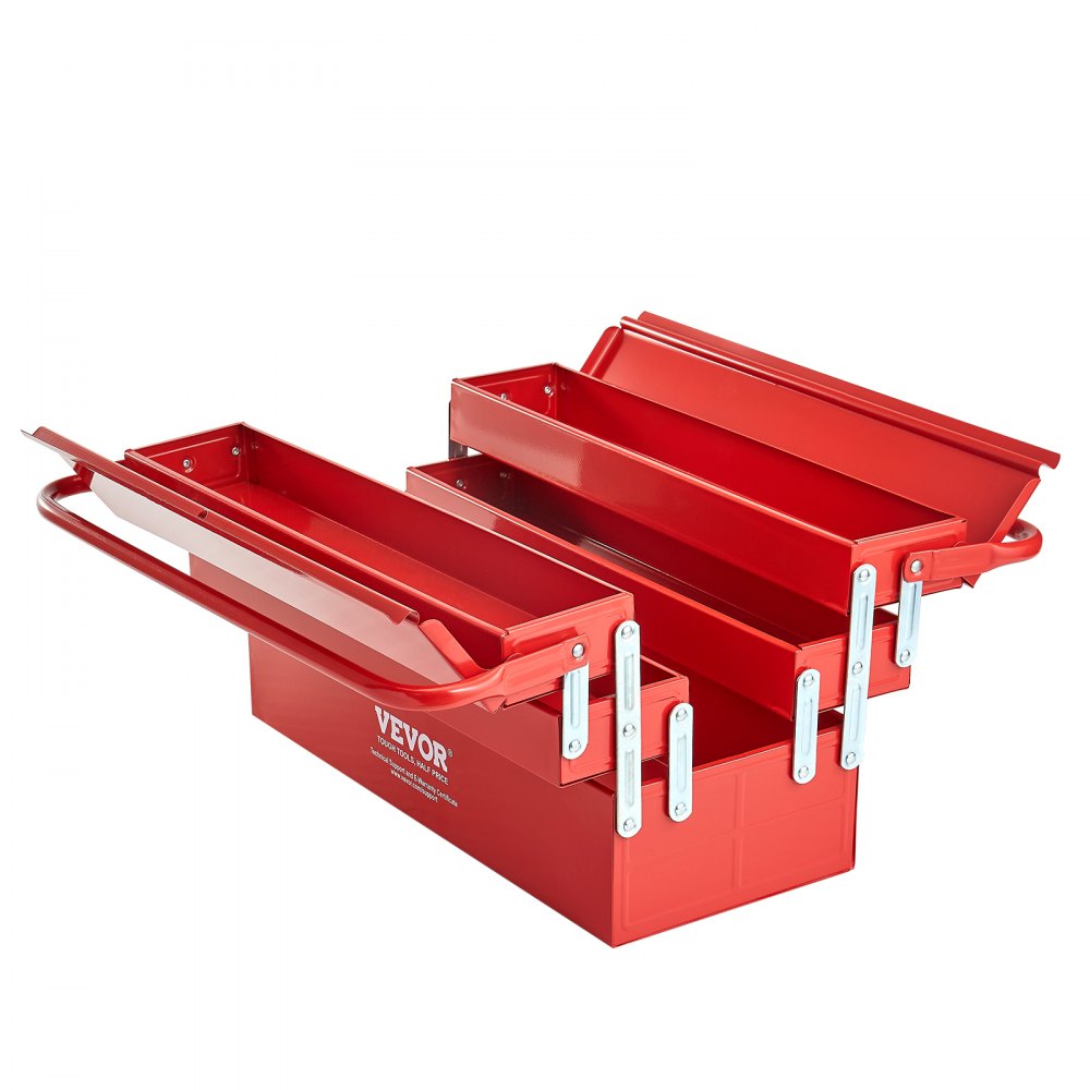 VEVOR Metal Tool Box, 18-inch, 3-Tier 5-Tray Portable Folding Tool Chest Organizer with Handle & Lock Hole, Powder Coated Steel, Cantilever Toolbox for Household Factory Warehouse Repair Shop, Red