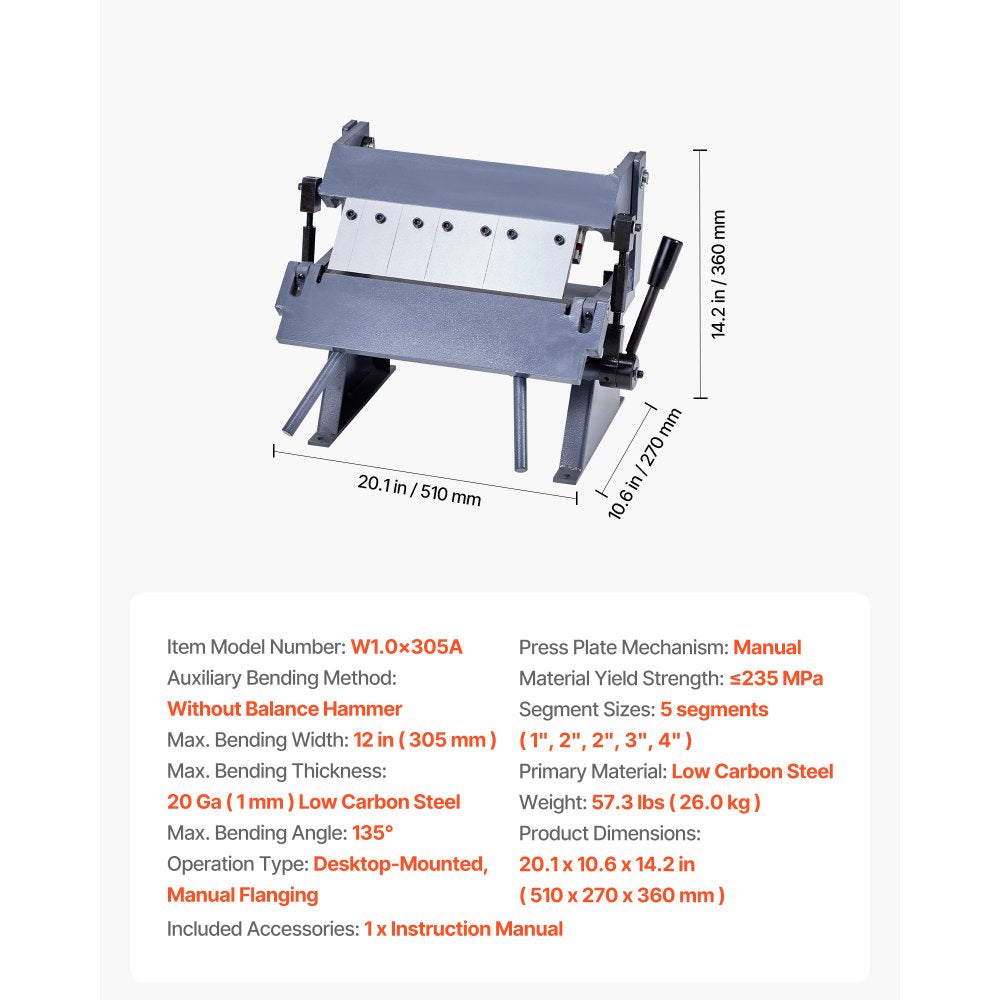VEVOR Box and Pan Brake, 12 in Sheet Metal Bending Brake, 20-Gauge Mild Steel Capacity, 0-135 Degree Adjustable, Metal Bender Machine with 5 Fingers, Heavy-Duty Aluminum Folder for Precise Bending