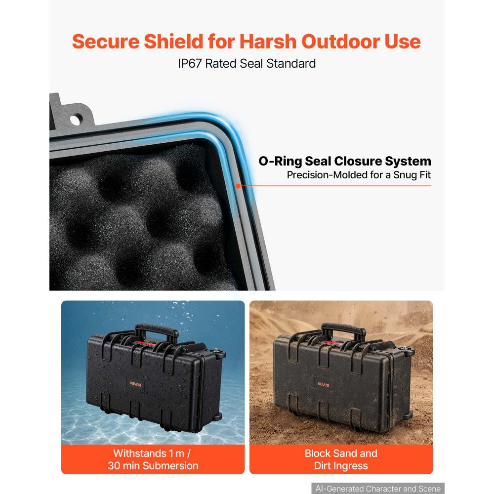 VEVOR Weatherproof Hard Case 21.85 x 13.58 x 9.84 in All Weather Waterproof, for Drones, Camera and Equipment, Heavy Duty Protective Dry Box with Customizable Dividers, Retractable Handle, IP67, Black