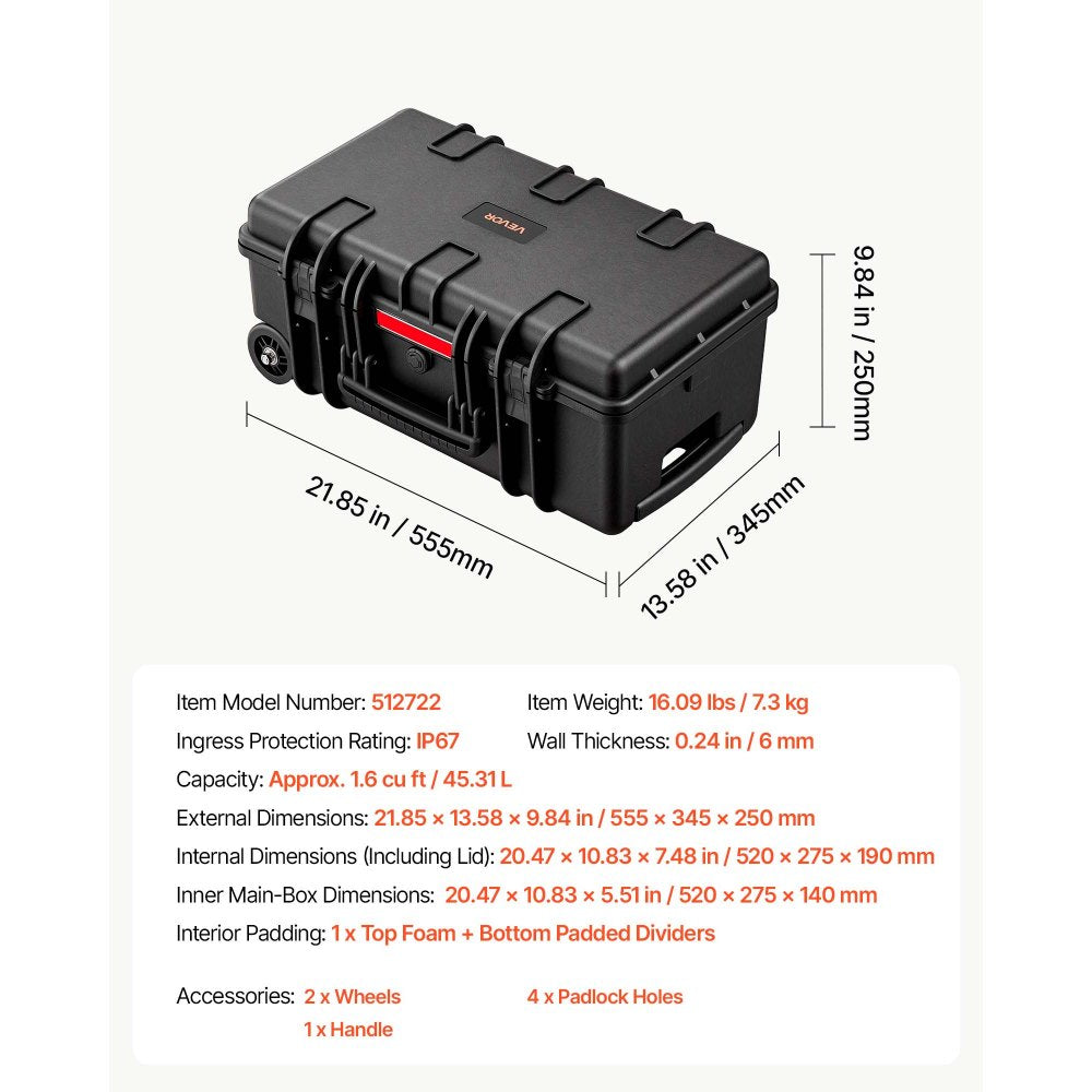 VEVOR Weatherproof Hard Case 21.85 x 13.58 x 9.84 in All Weather Waterproof, for Drones, Camera and Equipment, Heavy Duty Protective Dry Box with Customizable Dividers, Retractable Handle, IP67, Black