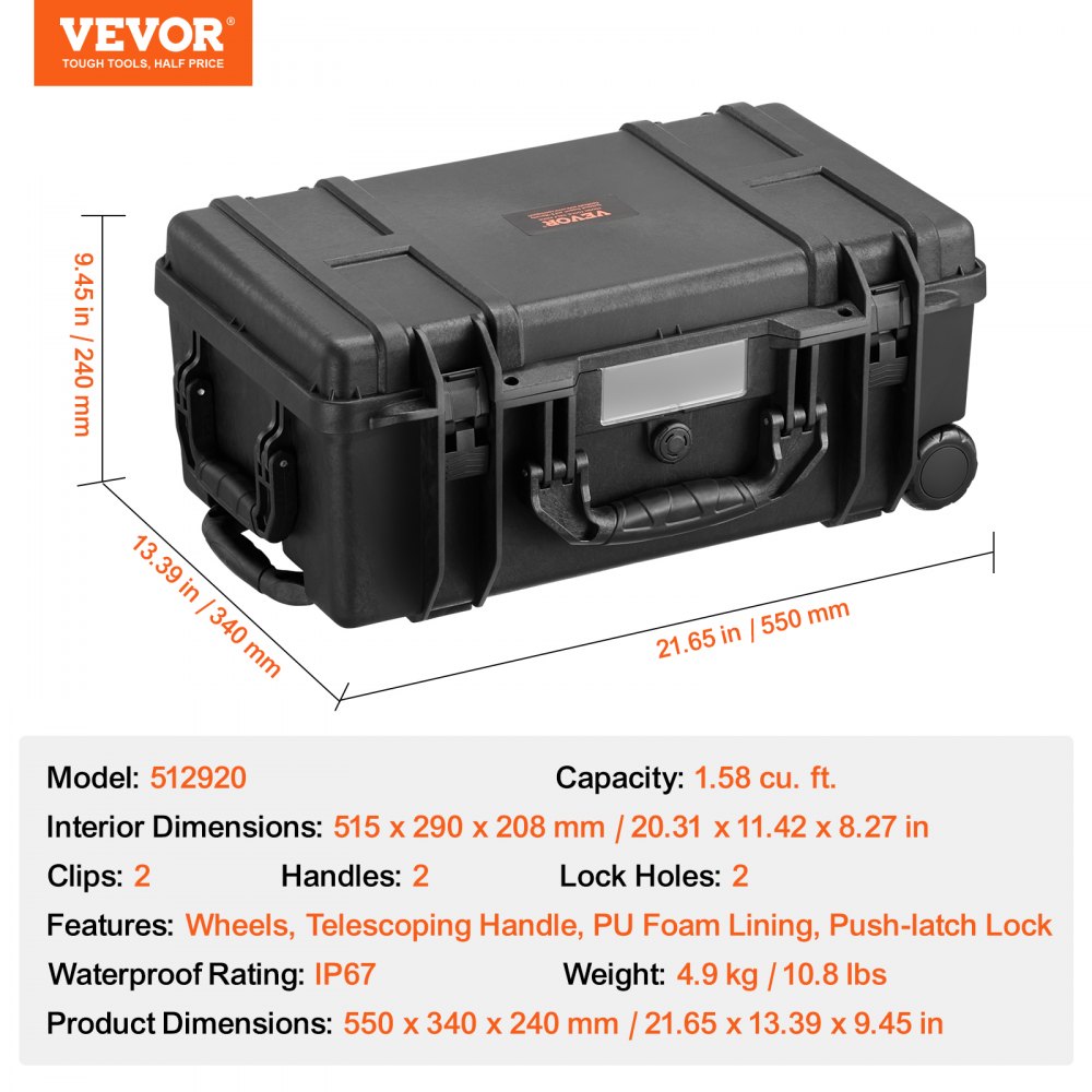 VEVOR Weatherproof Hard Case, Heavy Duty Protective Dry Box Case with Pre-cut Foam, Wheels & Retractable Pull Handles for Travel, Hunt, Military, Tactical, IP67 Waterproof Case for Cameras (64x51x25)