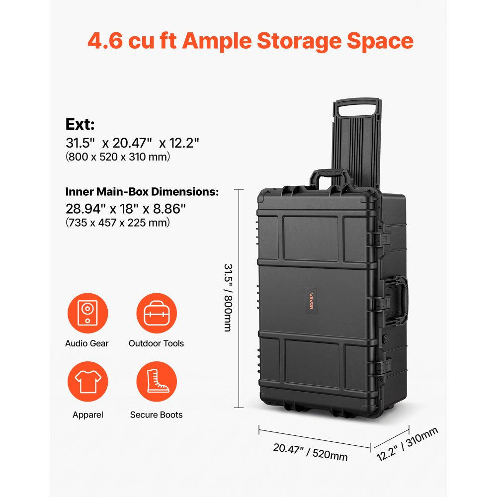 VEVOR Weatherproof Hard Case 31.5 x 20.47 x 12.2 in All Weather Waterproof, For Audio Gear and Outdoor Tools, Heavy Duty Protective Dry Box with Reinforced Latches, Retractable Handle, IP67, Black