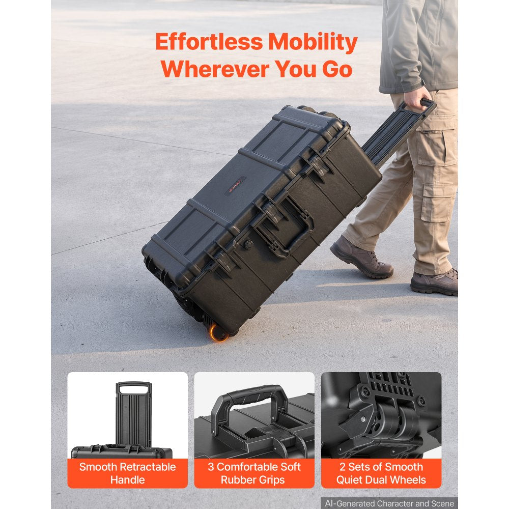 VEVOR Weatherproof Hard Case 31.5 x 20.47 x 12.2 in All Weather Waterproof, For Audio Gear and Outdoor Tools, Heavy Duty Protective Dry Box with Reinforced Latches, Retractable Handle, IP67, Black
