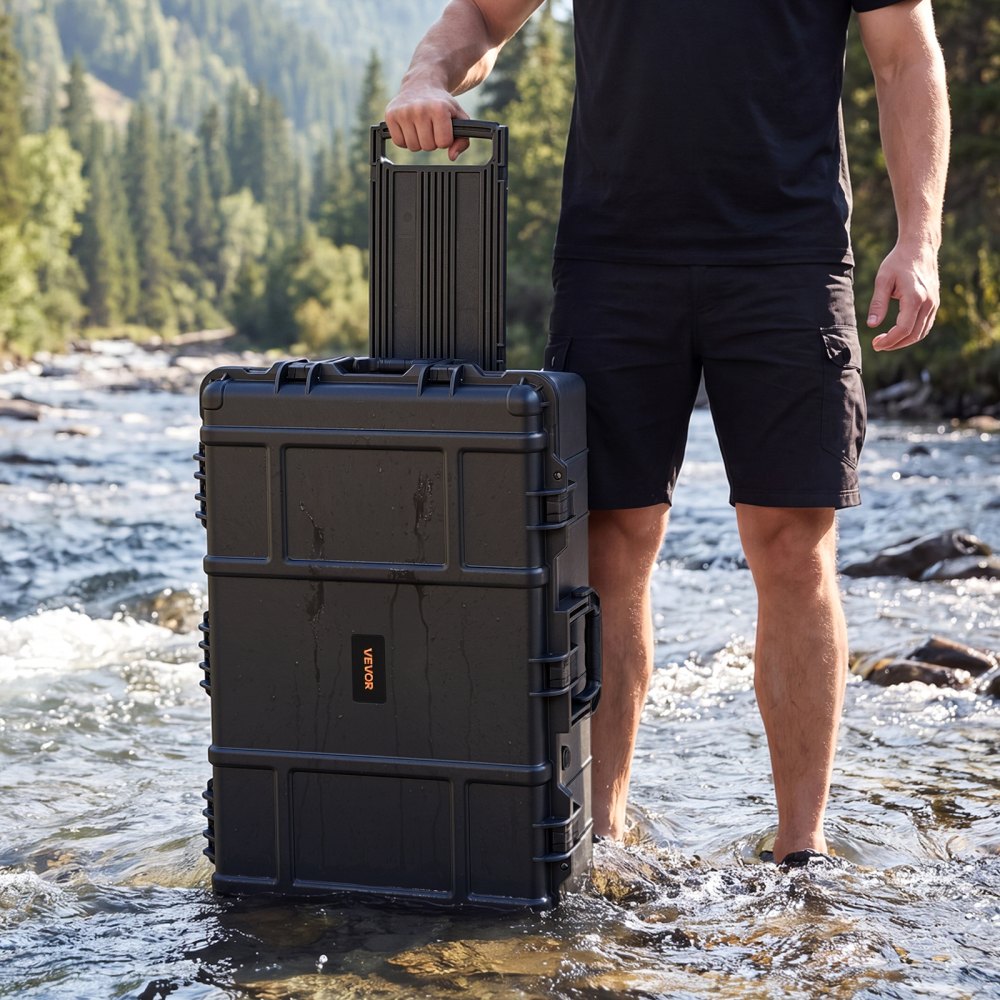 VEVOR Weatherproof Hard Case 31.5 x 20.47 x 12.2 in All Weather Waterproof, For Audio Gear and Outdoor Tools, Heavy Duty Protective Dry Box with Reinforced Latches, Retractable Handle, IP67, Black