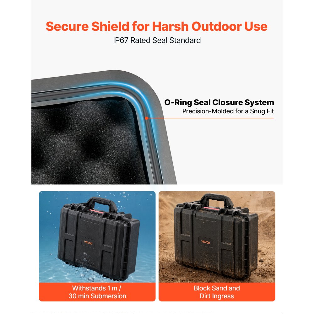 VEVOR Weatherproof Hard Case 18.5 x 13.98 x 6.89 in All Weather Waterproof, for Drones, Camera and Equipment, Heavy Duty Protective Dry Box with Pre-cut Foam, Soft Rubber Grip, IP67, PP Shell, Black