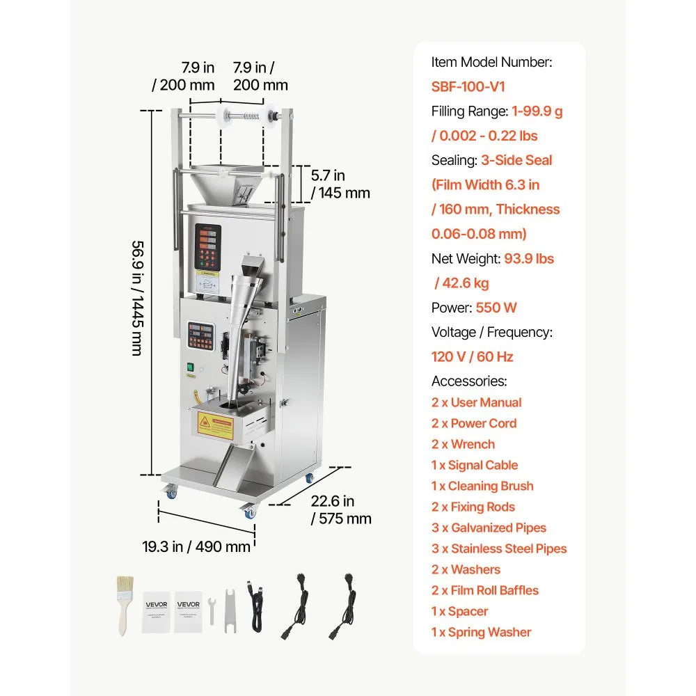 VEVOR Powder Filling and Sealing Machine, 1-99.9g(0.002-0.22lbs) Automatic Particle Granule Packaging Machine, Stainless Steel, Weighing Filling Sealing, for Coffee Beans, Grains, Tea, Spices, Silver