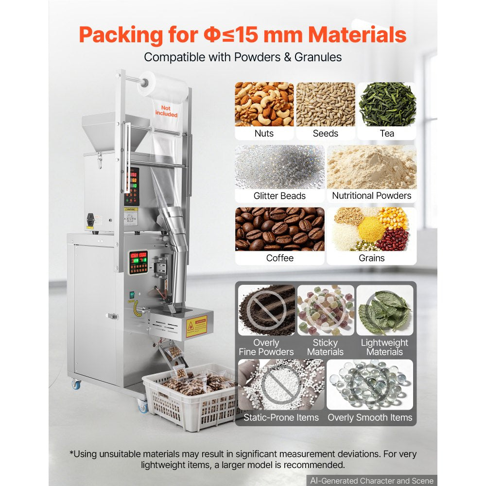 VEVOR Powder Filling and Sealing Machine, 3-200g(0.01-0.44lbs) Automatic Particle Granule Packaging Machine, Stainless Steel, Weighing Filling Sealing, for Coffee Beans, Grains, Tea, Spices, Silver