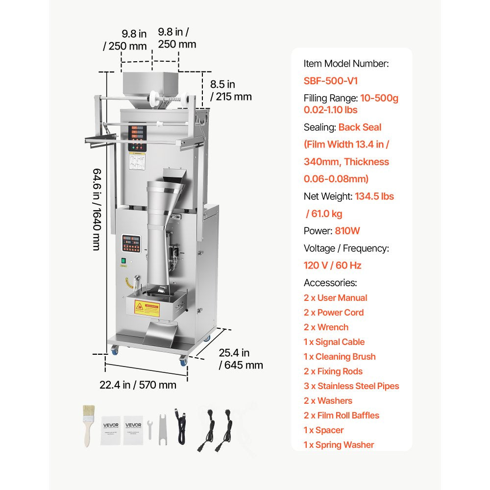 VEVOR Powder Filling and Sealing Machine, 10-500g(0.02-1.1lbs) Automatic Particle Granule Packaging Machine, Stainless Steel, Weighing Filling Sealing, for Coffee Beans, Grains, Tea, Spices, Silver