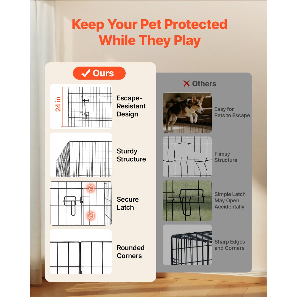 VEVOR Dog Playpen 24 Inch 4 Panels Foldable Exercise Pen with Bottom Pad, Indoor Metal Pet Fence with Door, Heavy Duty Puppy Crate Kennel, Pet Playpen for Dogs, Cats, and Other Small Animals, Black