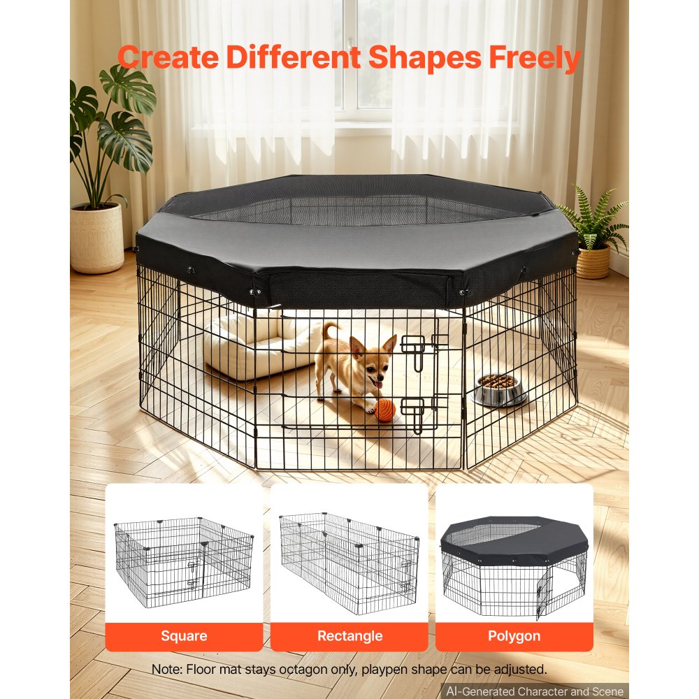 VEVOR Dog Playpen 24 Inch 8 Panels Foldable Exercise Pen with Top Cover, Indoor Metal Pet Fence with Door, Heavy Duty Puppy Crate Kennel, Pet Playpen for Dogs, Cats, and Other Small Animals, Black