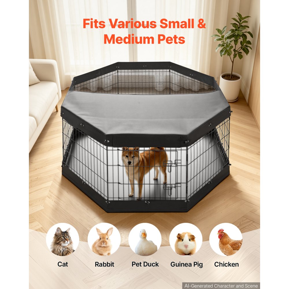 VEVOR Dog Playpen 30 Inch 8 Panels Exercise Pen with Top Cover & Bottom Pad, Indoor Foldable Metal Pet Fence with Door, Heavy Duty Puppy Crate Kennel Pen for Dogs, Cats, and Other Small Animals, Black