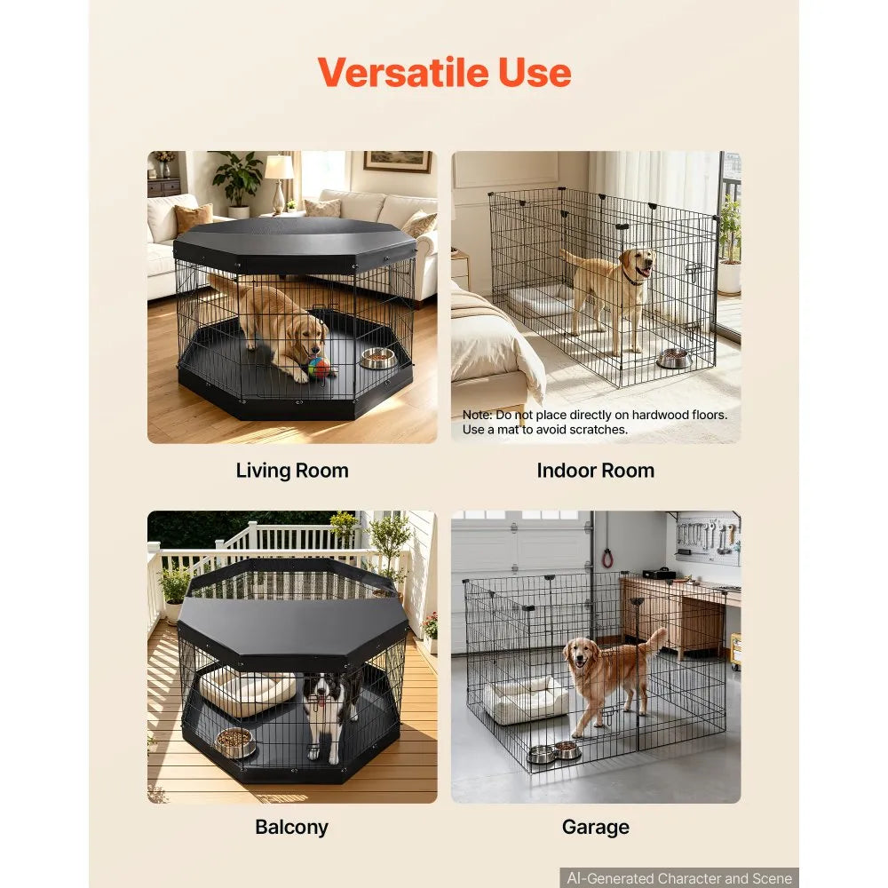 VEVOR Dog Playpen 36 Inch 8 Panels Exercise Pen with Top Cover & Bottom Pad, Indoor Foldable Metal Pet Fence with Door, Heavy Duty Puppy Crate Kennel Pen for Dogs, Cats, and Other Small Animals, Black
