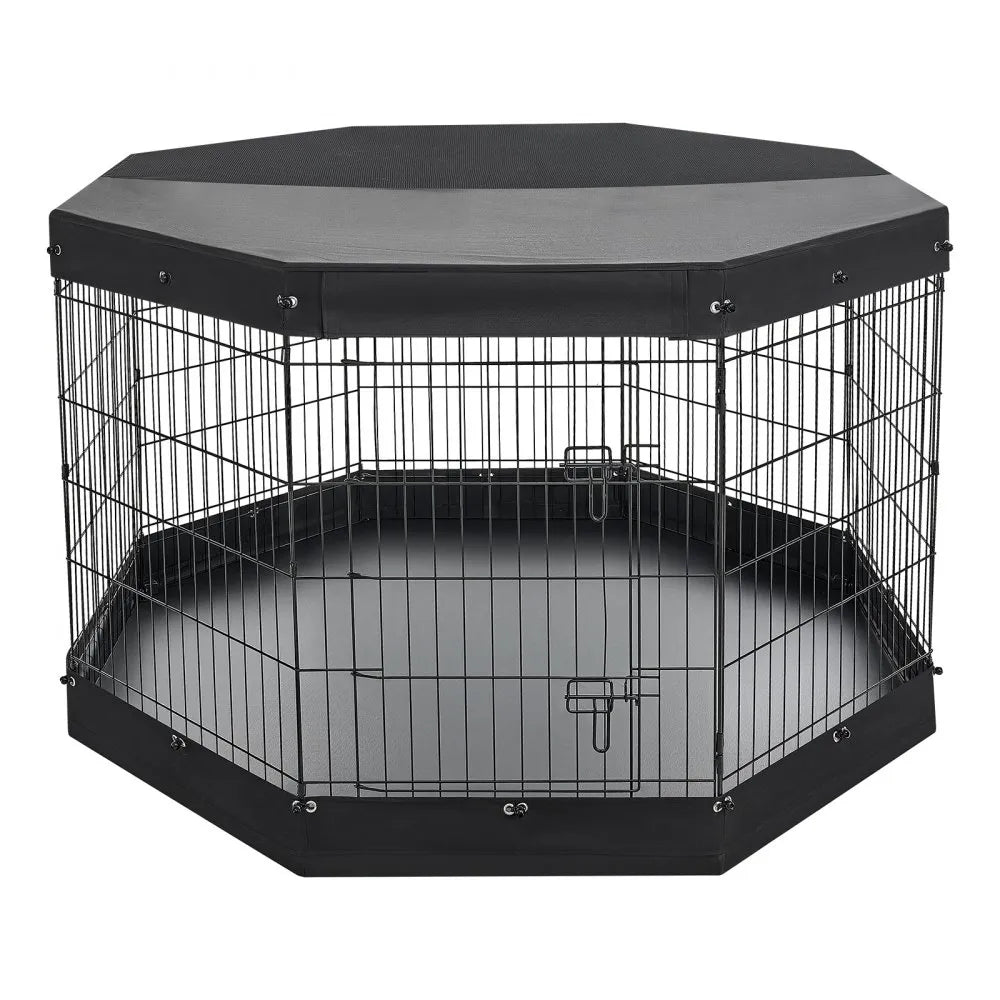 VEVOR Dog Playpen 36 Inch 8 Panels Exercise Pen with Top Cover & Bottom Pad, Indoor Foldable Metal Pet Fence with Door, Heavy Duty Puppy Crate Kennel Pen for Dogs, Cats, and Other Small Animals, Black