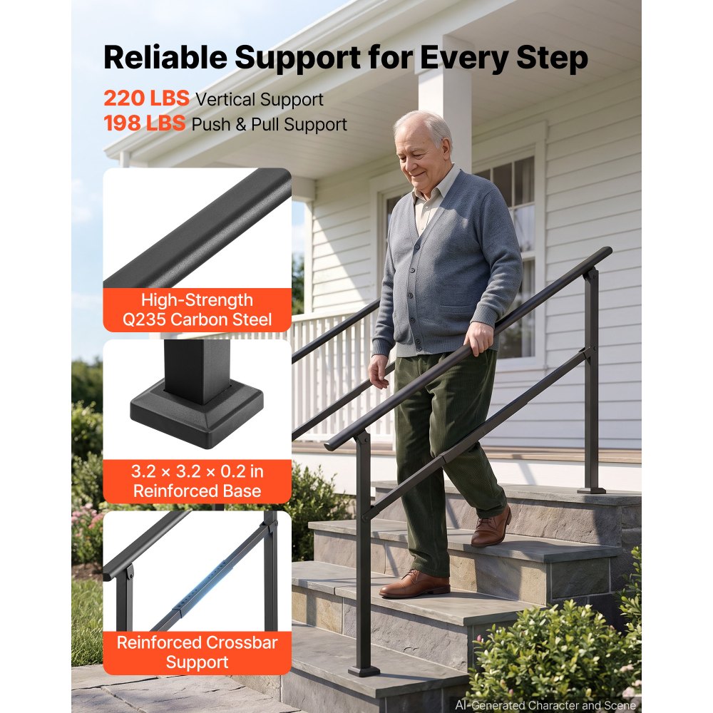 VEVOR Handrails for Outdoor Steps, 3-5 Step 2 Pack Stair Hand Rail Kit, Black Square Tube Stair Rails for Seniors, Concrete Steps & Porch & Deck, Heavy-Duty Steel Railings with Installation Kit