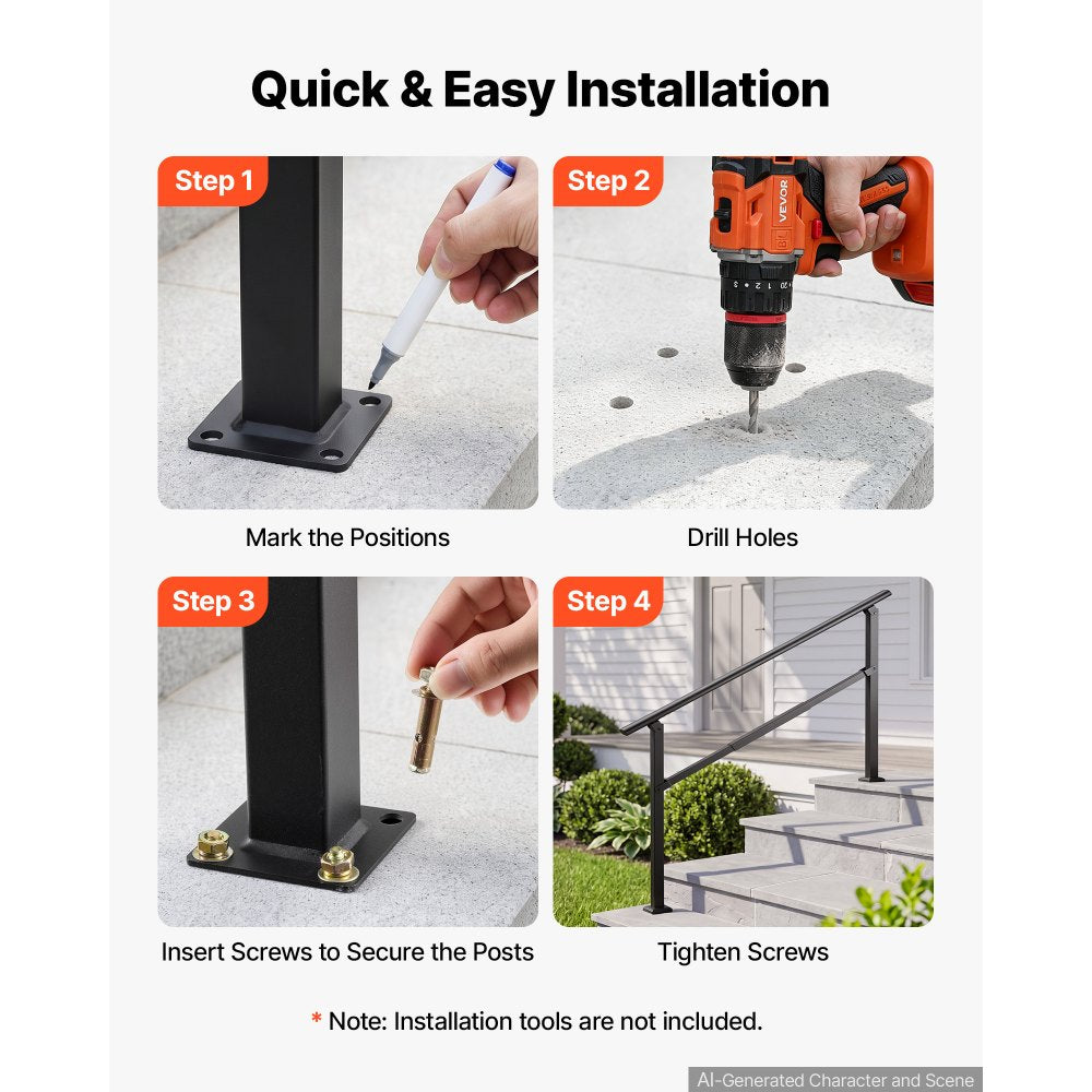 VEVOR Handrails for Outdoor Steps, 3-5 Step 2 Pack Stair Hand Rail Kit, Black Square Tube Stair Rails for Seniors, Concrete Steps & Porch & Deck, Heavy-Duty Steel Railings with Installation Kit