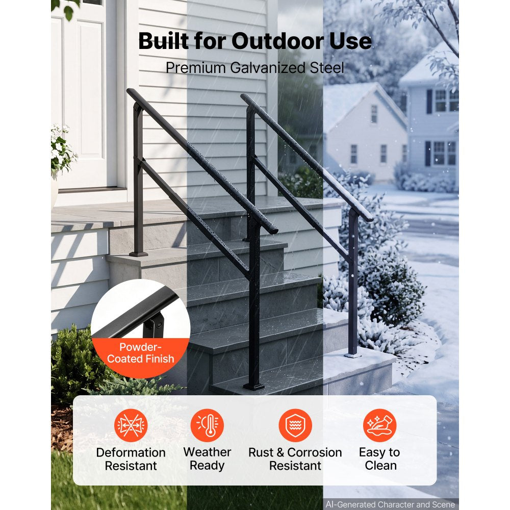 VEVOR Handrails for Outdoor Steps, 3-5 Step 2 Pack Stair Hand Rail Kit, Black Square Tube Stair Rails for Seniors, Concrete Steps & Porch & Deck, Heavy-Duty Steel Railings with Installation Kit