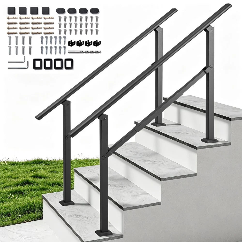 VEVOR Handrails for Outdoor Steps, 3-5 Step 2 Pack Stair Hand Rail Kit, Black Square Tube Stair Rails for Seniors, Concrete Steps & Porch & Deck, Heavy-Duty Steel Railings with Installation Kit