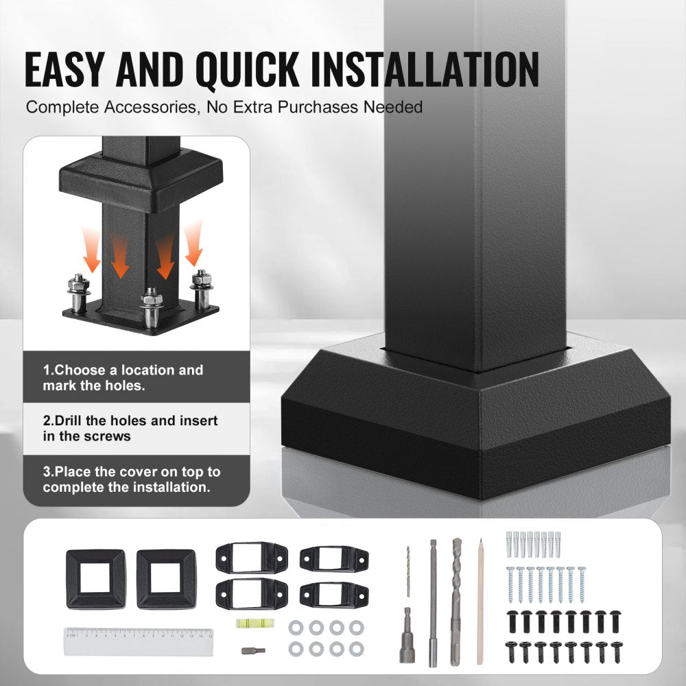 VEVOR Handrails for Outdoor Steps, 2-3 Step Stair Hand Rail Kit, Transitional Carbon Steel Railings with Installation Kit, Stair Rails for Seniors, Concrete Steps & Porch & Deck, Black Square Tube