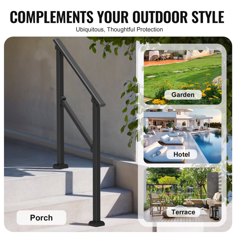 VEVOR Handrails for Outdoor Steps, 2-3 Step Stair Hand Rail Kit, Transitional Carbon Steel Railings with Installation Kit, Stair Rails for Seniors, Concrete Steps & Porch & Deck, Black Square Tube