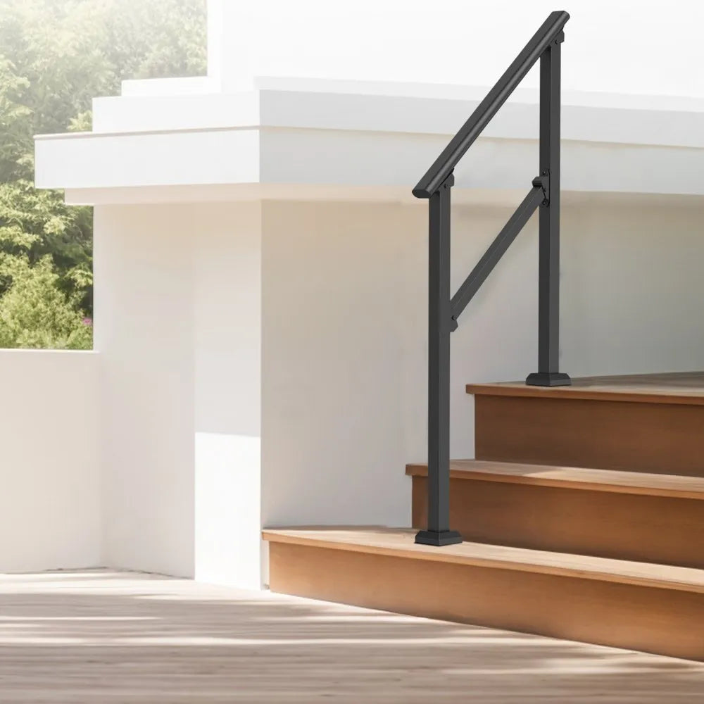 VEVOR Handrails for Outdoor Steps, 2-3 Step Stair Hand Rail Kit, Transitional Carbon Steel Railings with Installation Kit, Stair Rails for Seniors, Concrete Steps & Porch & Deck, Black Square Tube