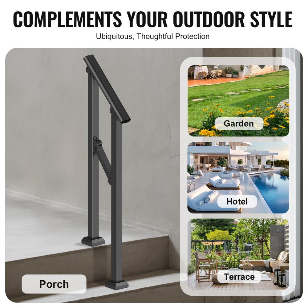 VEVOR Handrails for Outdoor Steps, 1-2 Step Stair Hand Rail Kit, Transitional Carbon Steel Railings with Installation Kit, Stair Rails for Seniors, Concrete Steps & Porch & Deck, Black Square Tube