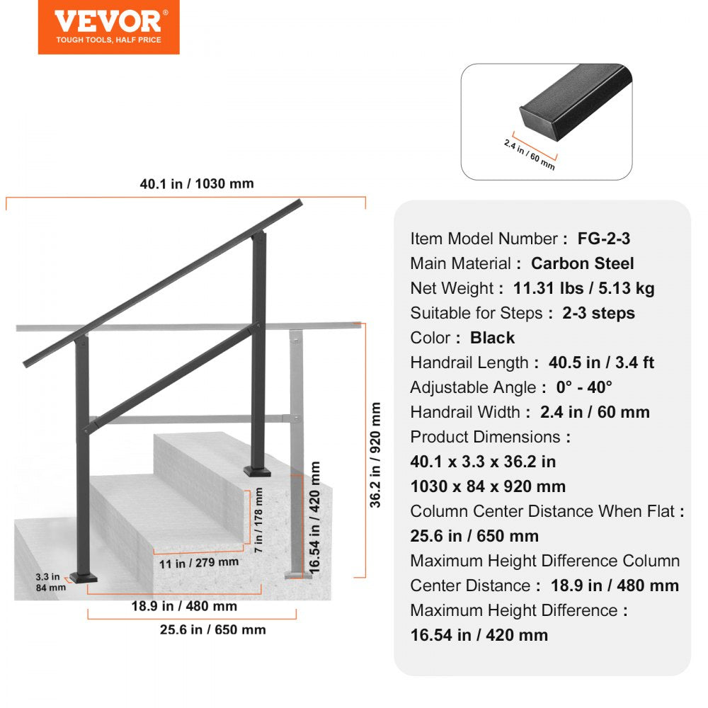 VEVOR Outdoor Handrails for Steps, 2-3 Step Stair Rail Kit, Black Square Tube with Horizontal Bar, Carbon Steel Support Rails for Seniors, Concrete & Deck Stairs, Easy Installation
