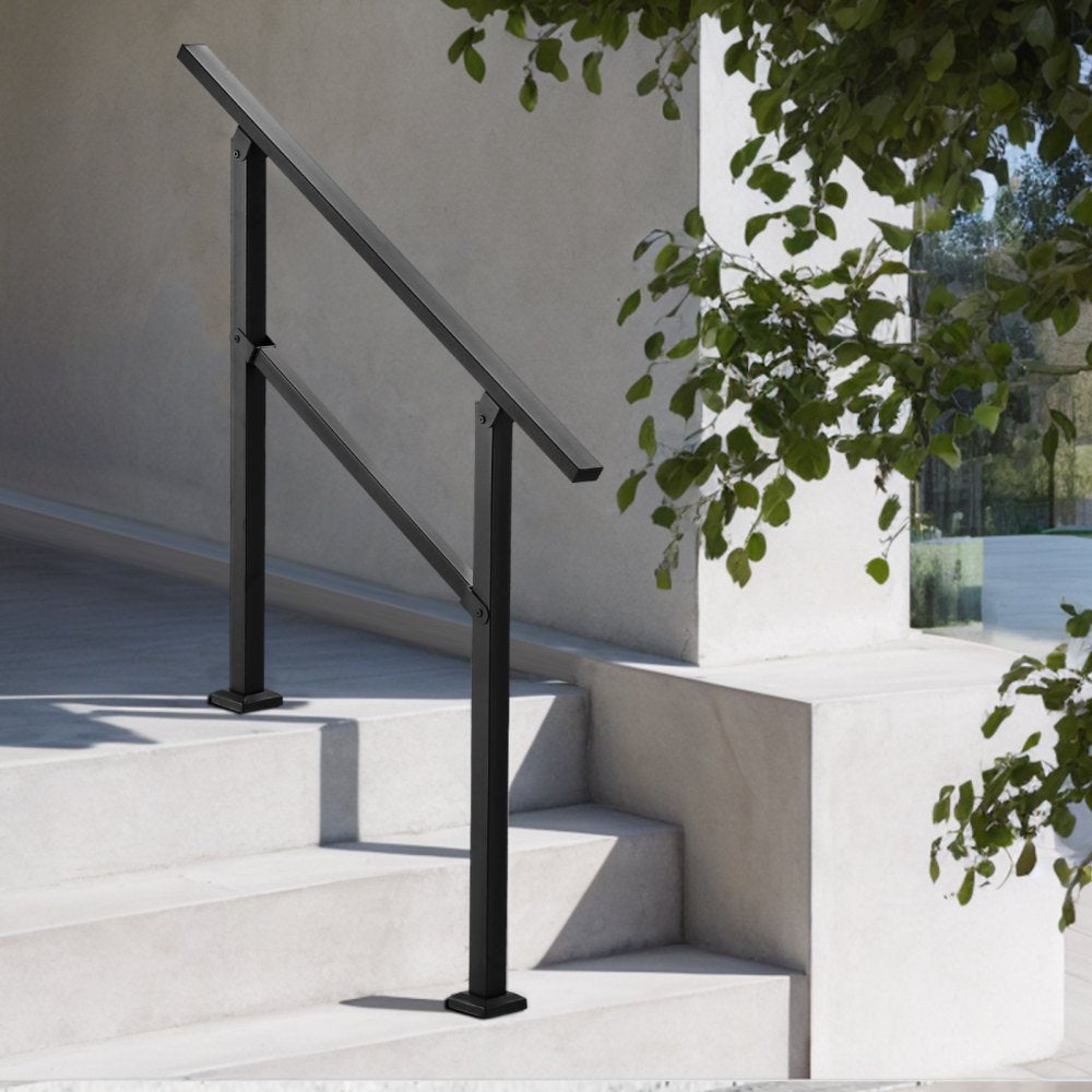 VEVOR Outdoor Handrails for Steps, 2-3 Step Stair Rail Kit, Black Square Tube with Horizontal Bar, Carbon Steel Support Rails for Seniors, Concrete & Deck Stairs, Easy Installation