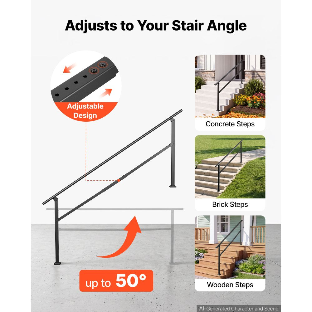 VEVOR Handrails for Outdoor Steps, 5-7 Step Stair Hand Rail Kit, Black, Square Tube Stair Rails for Seniors, Concrete Steps & Porch & Deck, Heavy-Duty Galvanized Steel Railings w/ Installation Kit