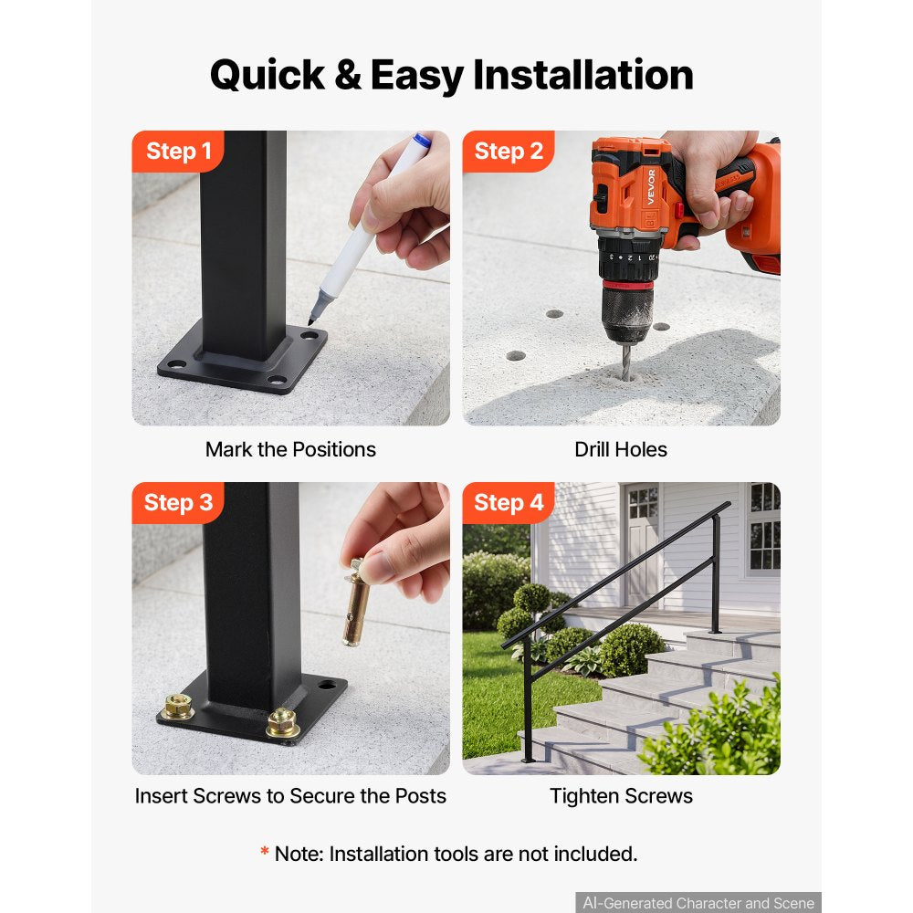 VEVOR Handrails for Outdoor Steps, 5-7 Step Stair Hand Rail Kit, Black, Square Tube Stair Rails for Seniors, Concrete Steps & Porch & Deck, Heavy-Duty Galvanized Steel Railings w/ Installation Kit