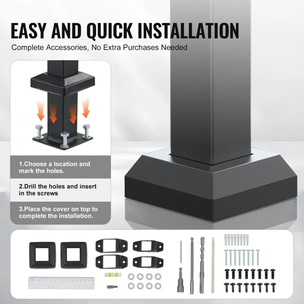 VEVOR Handrails for Outdoor Steps, 5 Step Stair Hand Rail Kit, Transitional Carbon Steel Railings with Installation Kit, Stair Rails for Seniors, Concrete Steps & Porch & Deck, Black Square Tube