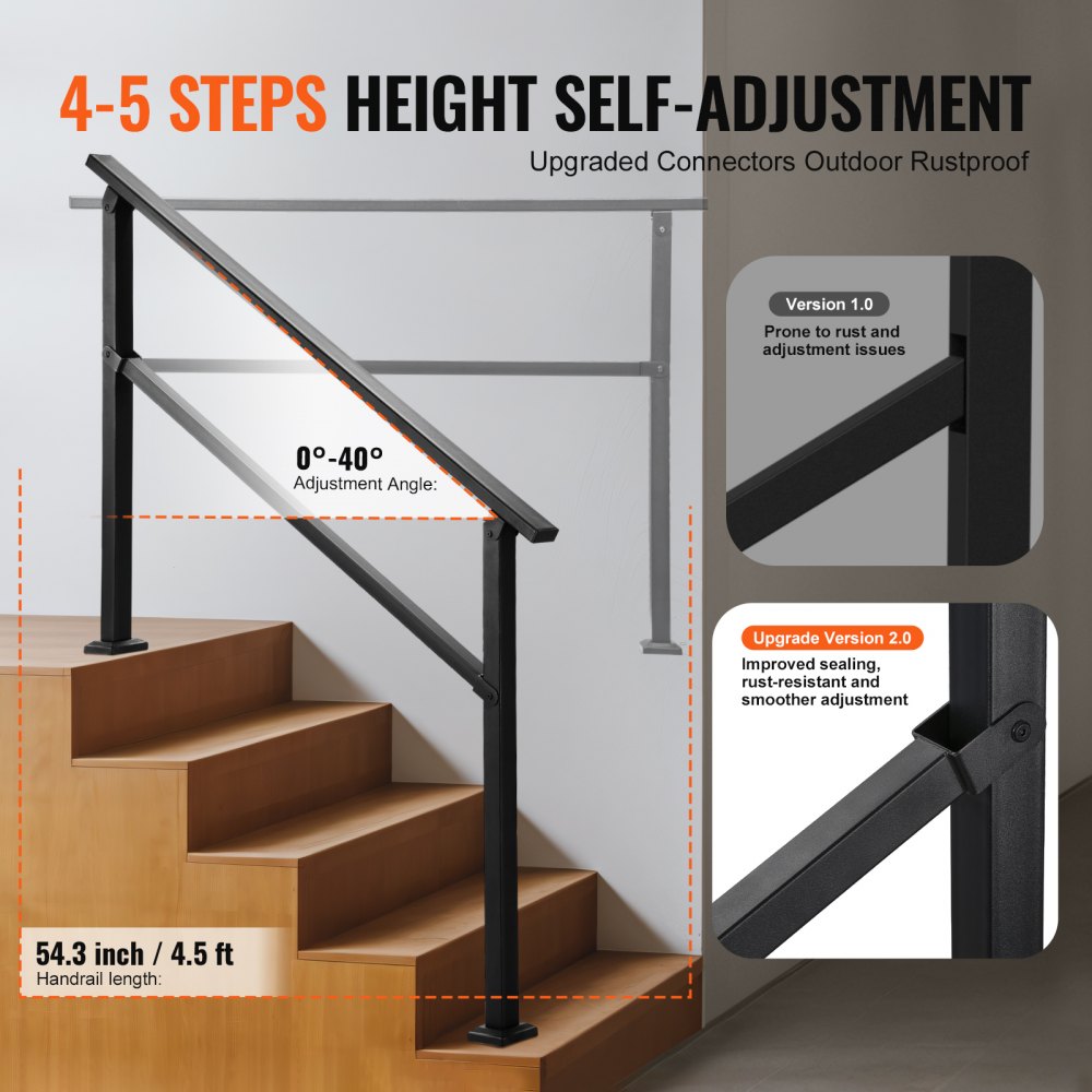 VEVOR Outdoor Handrails for Steps, 4-5 Step Stair Rail Kit, Black Square Tube with Horizontal Bar, Carbon Steel Support Rails for Seniors, Concrete & Deck Stairs, Easy Installation