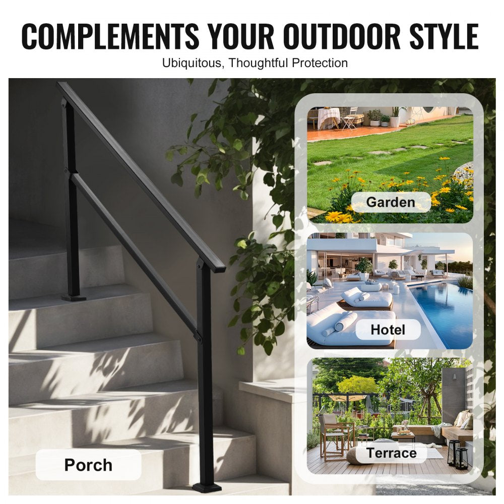 VEVOR Outdoor Handrails for Steps, 4-5 Step Stair Rail Kit, Black Square Tube with Horizontal Bar, Carbon Steel Support Rails for Seniors, Concrete & Deck Stairs, Easy Installation