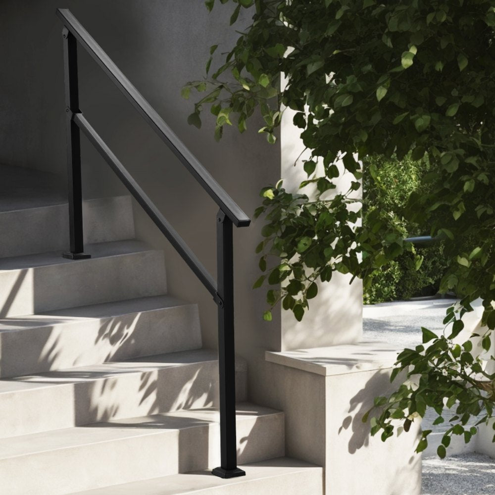 VEVOR Outdoor Handrails for Steps, 4-5 Step Stair Rail Kit, Black Square Tube with Horizontal Bar, Carbon Steel Support Rails for Seniors, Concrete & Deck Stairs, Easy Installation