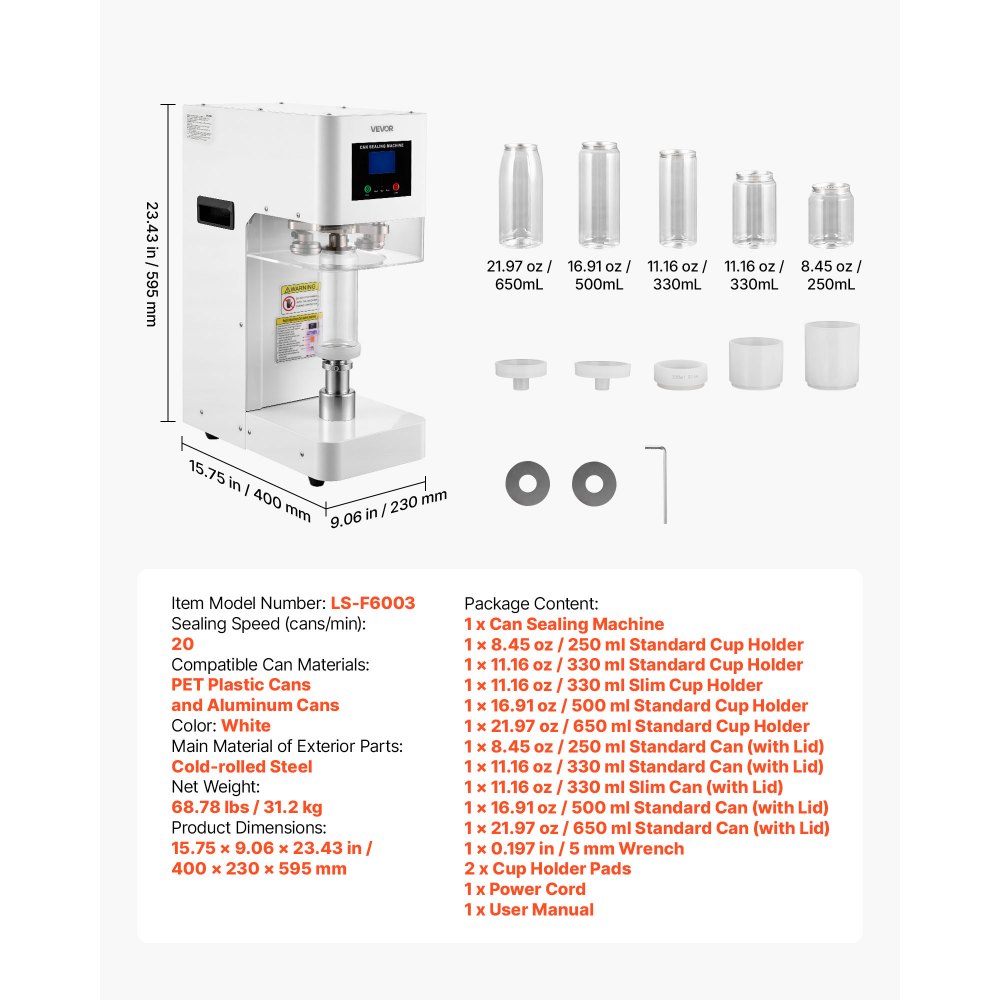VEVOR Can Sealer Machine, Automatic Commercial Soda Can Sealing Machine for 2.17 in (55 mm) Aluminum and Plastic Cans, Height Adjustable, Steel Housing Beverage Drink Seamer, for Coffee Shop, White