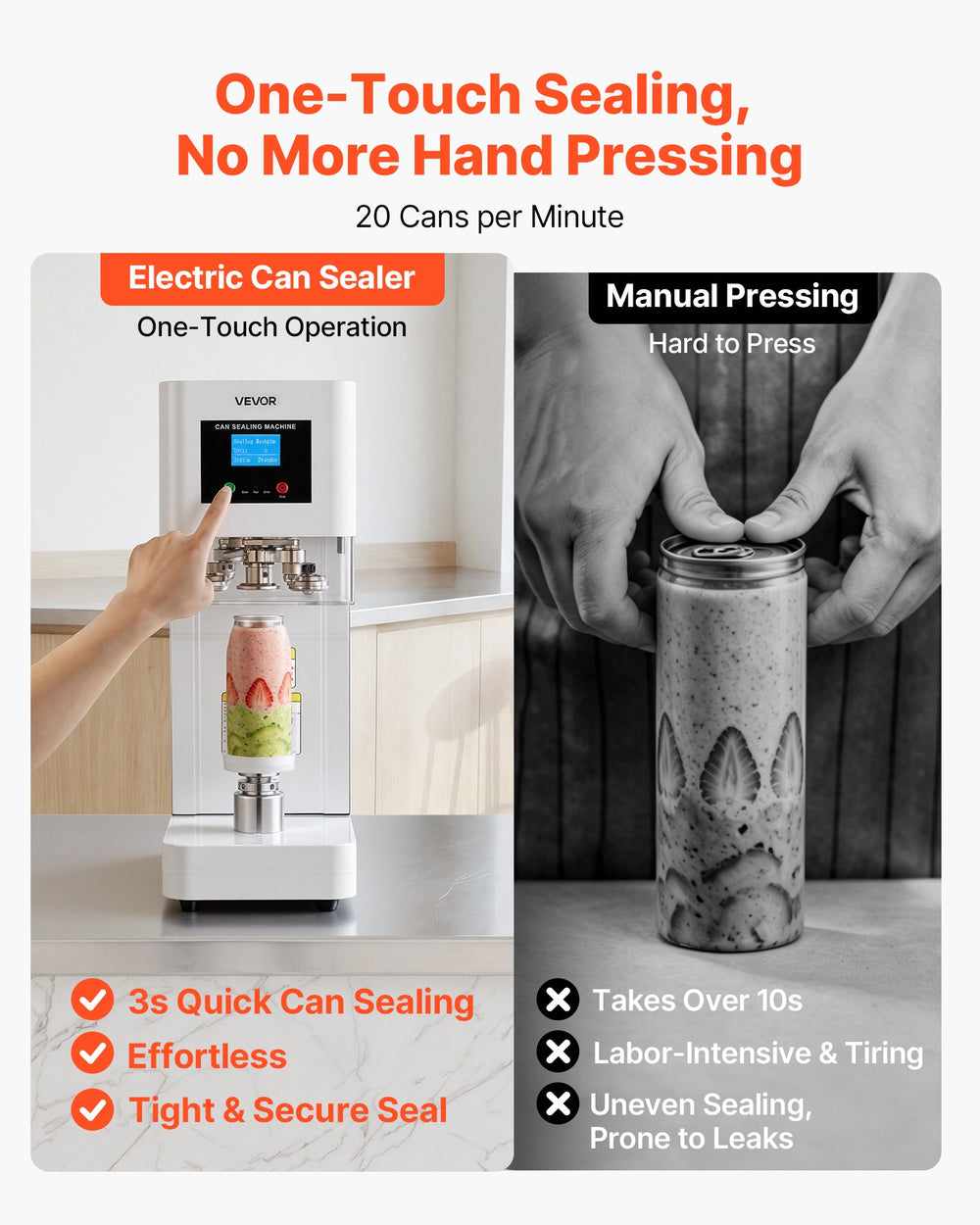 VEVOR Can Sealer Machine, Automatic Commercial Soda Can Sealing Machine for 2.17 in (55 mm) Aluminum and Plastic Cans, Height Adjustable, Steel Housing Beverage Drink Seamer, for Coffee Shop, White