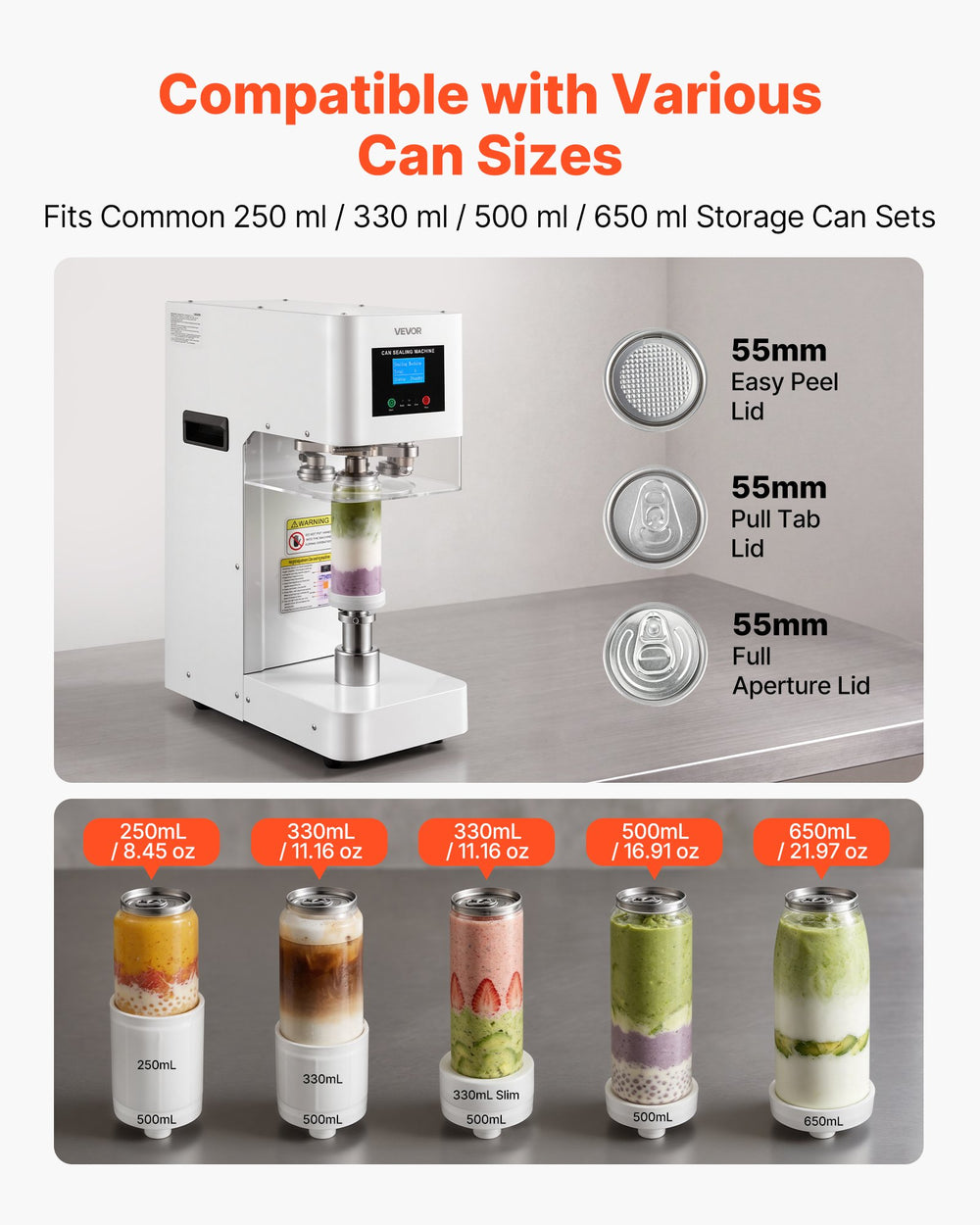 VEVOR Can Sealer Machine, Automatic Commercial Soda Can Sealing Machine for 2.17 in (55 mm) Aluminum and Plastic Cans, Height Adjustable, Steel Housing Beverage Drink Seamer, for Coffee Shop, White