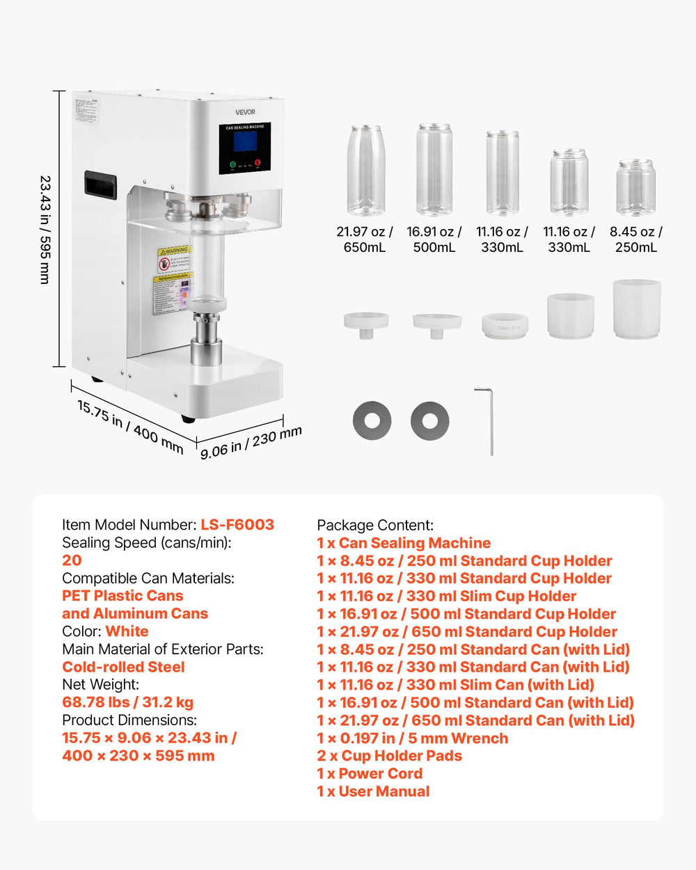VEVOR Can Sealer Machine, Automatic Commercial Soda Can Sealing Machine for 2.17 in (55 mm) Aluminum and Plastic Cans, Height Adjustable, Steel Housing Beverage Drink Seamer, for Coffee Shop, White