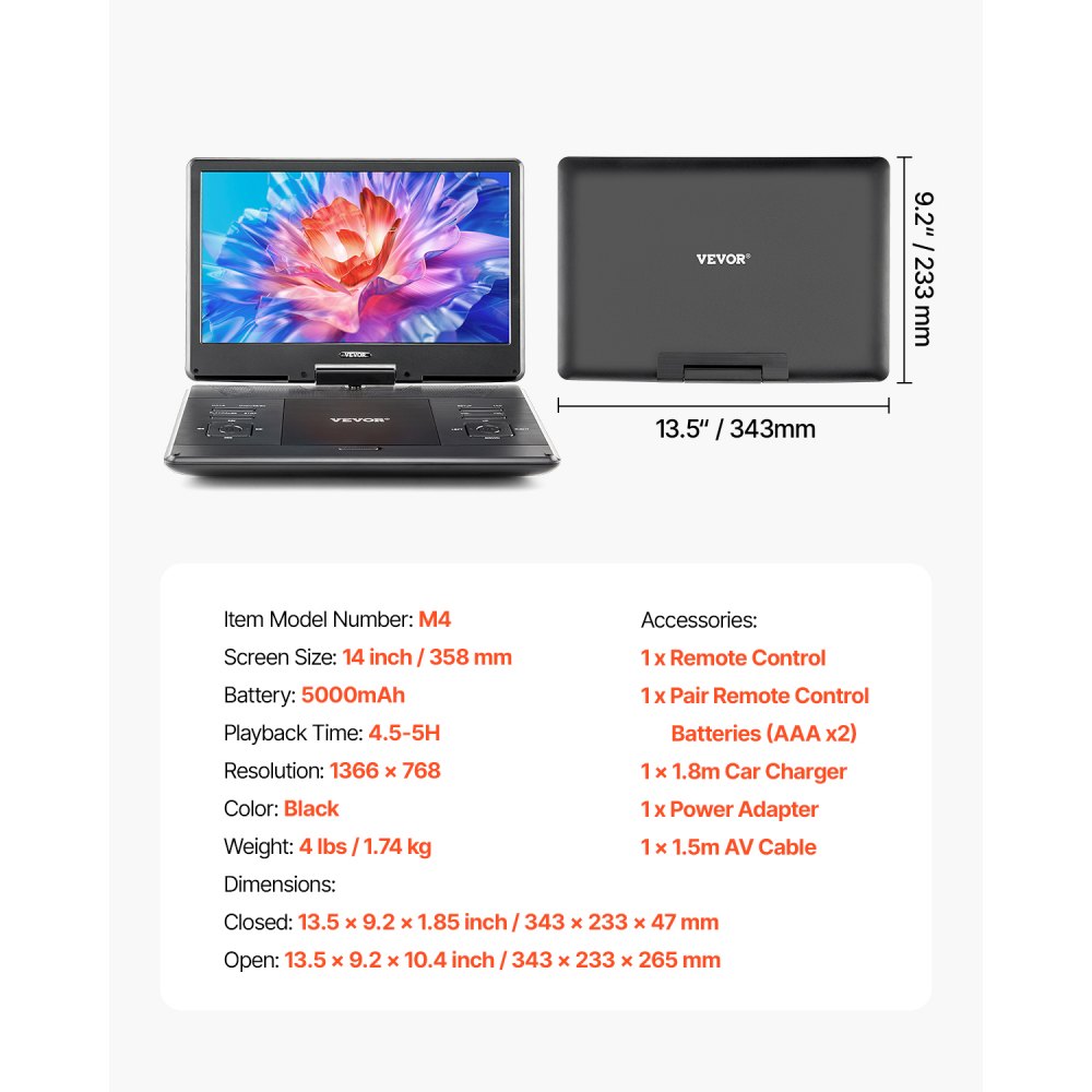 VEVOR Portable DVD Player, 14 inch HD Swivel Display Screen, 4.5-5 Hours Built-in Rechargeable Battery, Dual Speakers, Support Sync TV/USB/SD Card/CD/DVD, Car Charger, AC Power Adapter, Remote Control