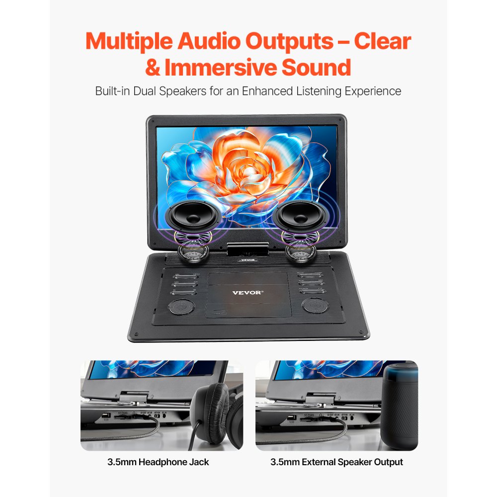 VEVOR Portable DVD Player, 15.6 inch HD Swivel Display Screen, 4.5-5 H Built-in Rechargeable Battery, Dual Speakers, Support Sync TV/USB/SD Card/CD/DVD, Car Charger, AC Power Adapter, Remote Control