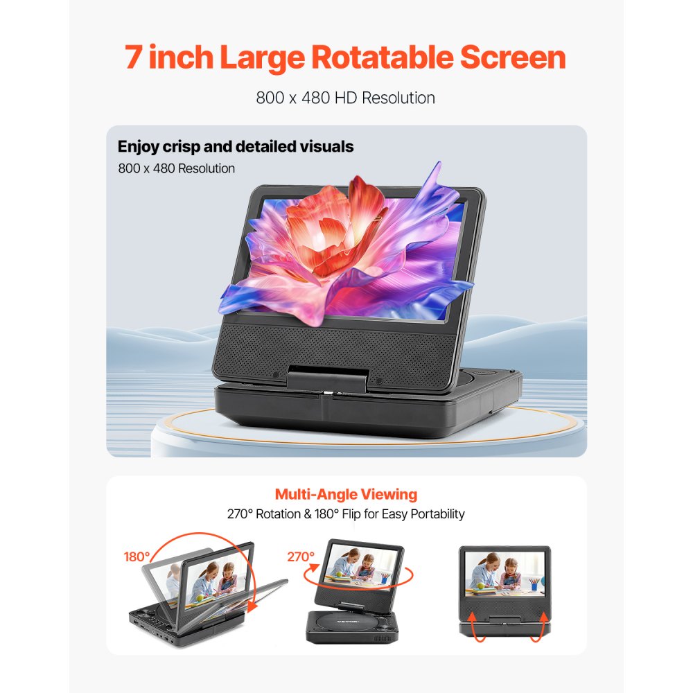 VEVOR Portable DVD Player, 7 inch HD Swivel Display Screen, 4 Hours Built-in Rechargeable Battery, Dual Speakers, Support Sync TV/USB/SD Card/CD/DVD, Car Charger, AC Power Adapter, Remote Control